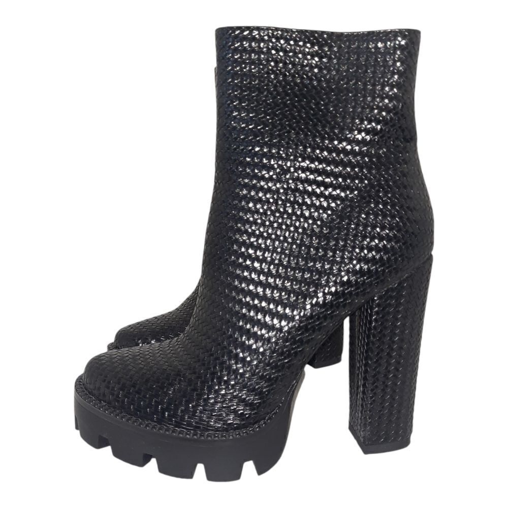 London Rag Black Weave Textured Chunky Heelef Boots